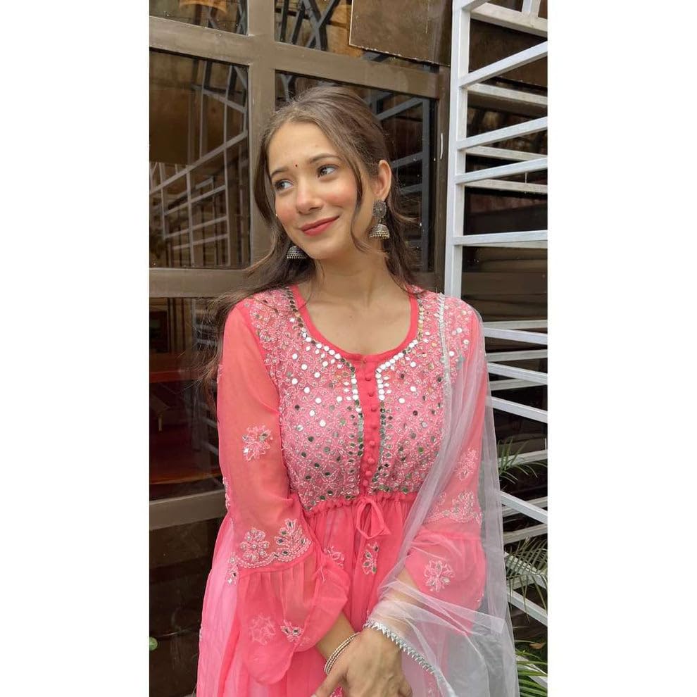 Samiya Chikankari Handmade Mirror Work Short Gown with Sharara and Mirror Work Dupatta - 3pc Set