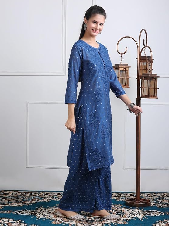 Samiya Chikankari Women's Premium Chanderi Chikankari Kurti and Palazzo Set with Intricate Handwork - Blue