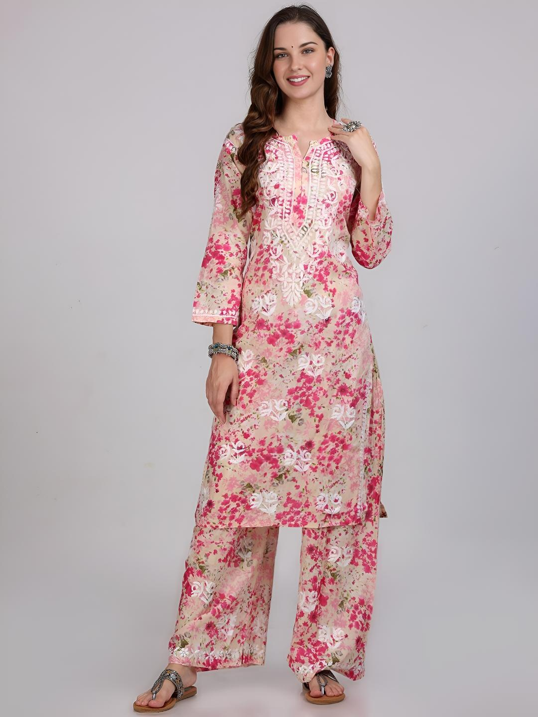 Samiya Chikankari Lucknowi Hand Embroidered Mulmul Kurti & Palazzo Set – Ghas Patti Chikan Work Handmade
