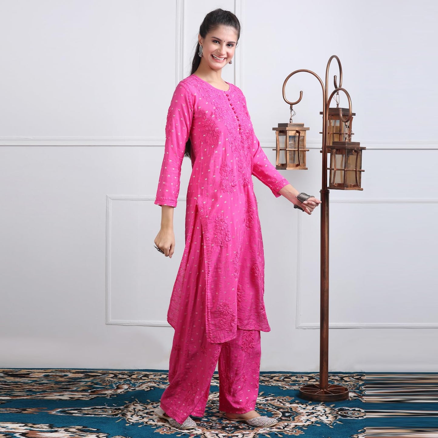 Samiya Chikankari Women's Premium Chanderi Chikankari Kurti and Palazzo Set with Intricate Handwork