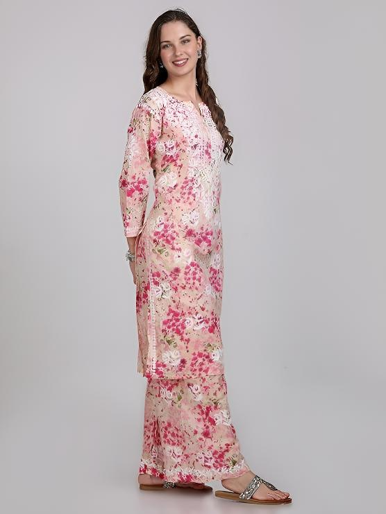 Samiya Chikankari Lucknowi Hand Embroidered Mulmul Kurti & Palazzo Set – Ghas Patti Chikan Work Handmade
