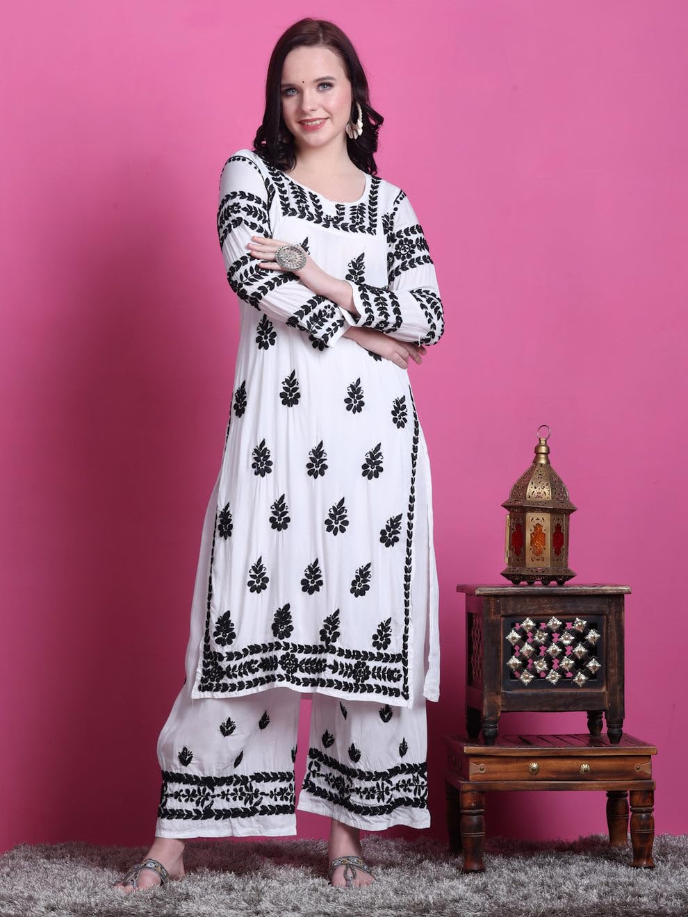 Samiya Chikankari Lucknowi Hand Embroided White Modal Kurti and Palazzo Set - Embroidery in Black Colour