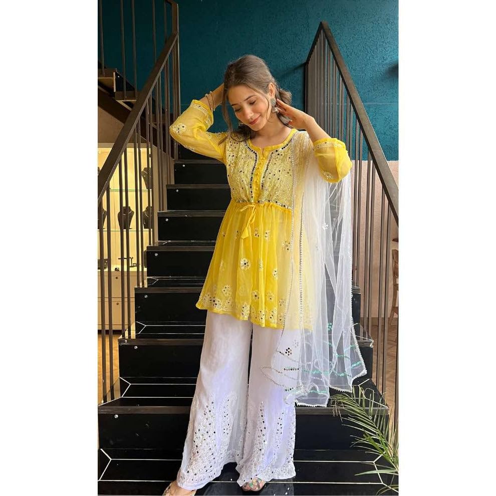 Samiya Chikankari Handmade Mirror Work Short Gown with Sharara and Mirror Work Dupatta - 3pc Set