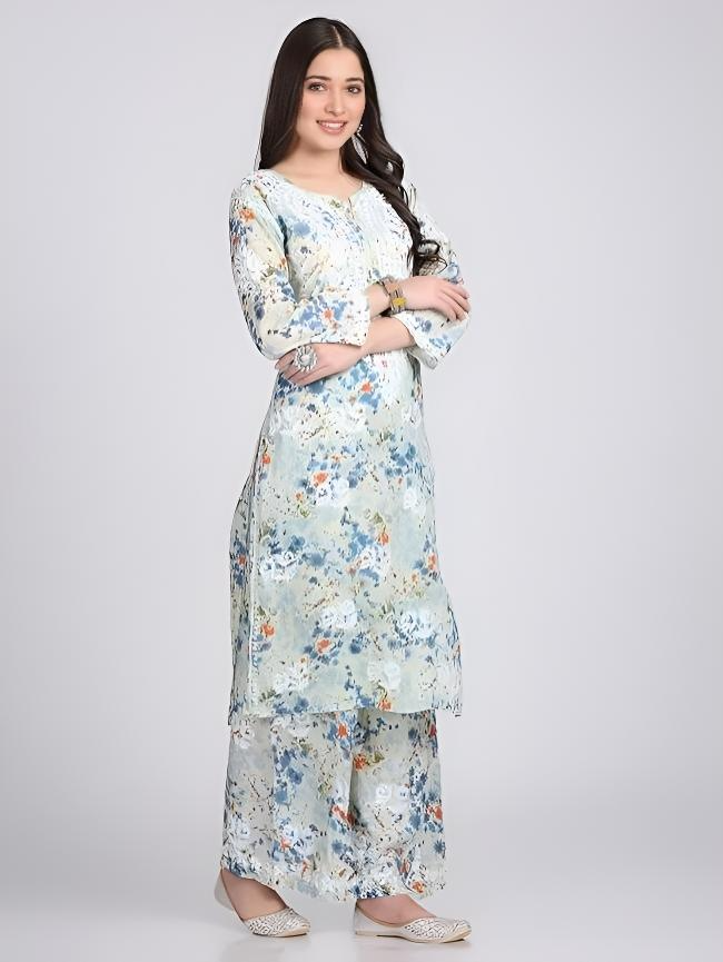Samiya Chikankari Lucknowi Hand Embroidered Mulmul Kurti & Palazzo Set – Ghas Patti Chikan Work Handmade