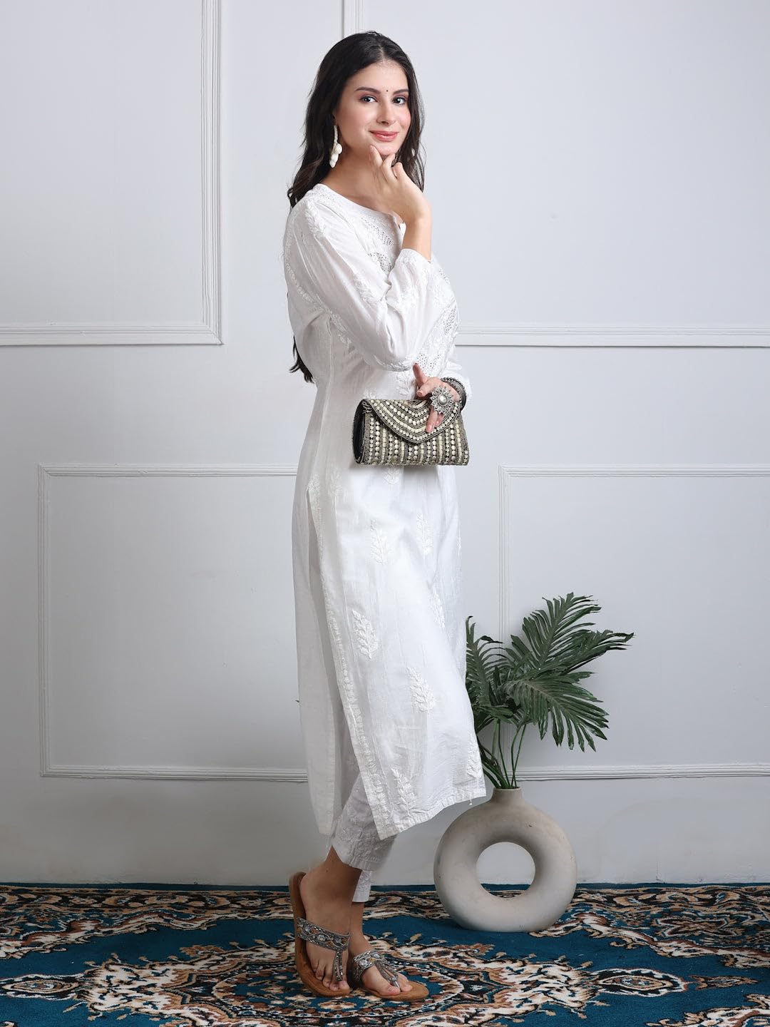Samiya Chikankari Premium 3D Chikankari Kurti in Chanderi Silk with Mukaish Work - Hand Embroided