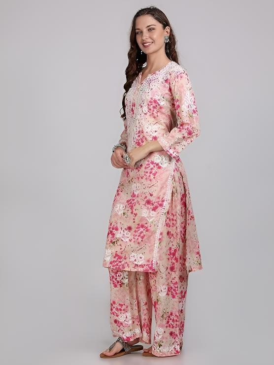 Samiya Chikankari Lucknowi Hand Embroidered Mulmul Kurti & Palazzo Set – Ghas Patti Chikan Work Handmade