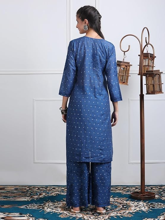 Samiya Chikankari Women's Premium Chanderi Chikankari Kurti and Palazzo Set with Intricate Handwork - Blue