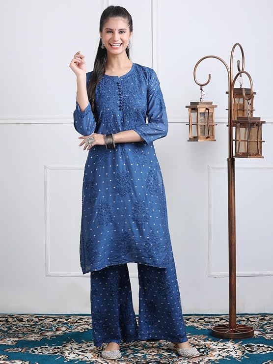 Samiya Chikankari Women's Premium Chanderi Chikankari Kurti and Palazzo Set with Intricate Handwork - Blue