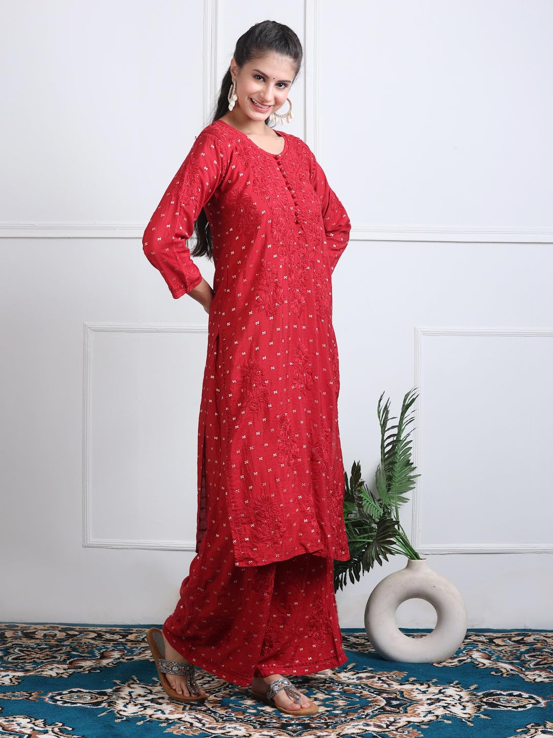 Samiya Chikankari Women's Premium Chanderi Chikankari Kurti and Palazzo Set with Intricate Handwork