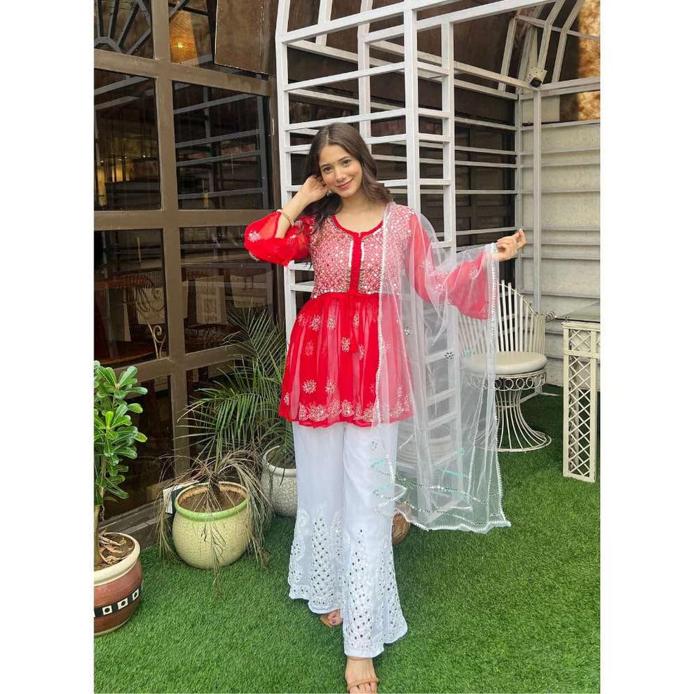Samiya Chikankari Handmade Mirror Work Short Gown with Sharara and Mirror Work Dupatta - 3pc Set
