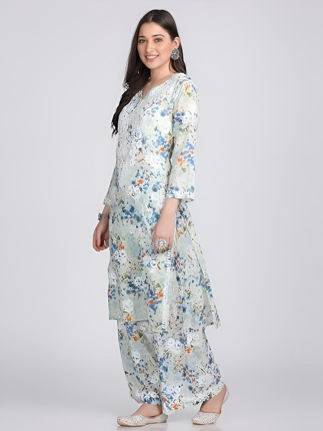Samiya Chikankari Lucknowi Hand Embroidered Mulmul Kurti & Palazzo Set – Ghas Patti Chikan Work Handmade