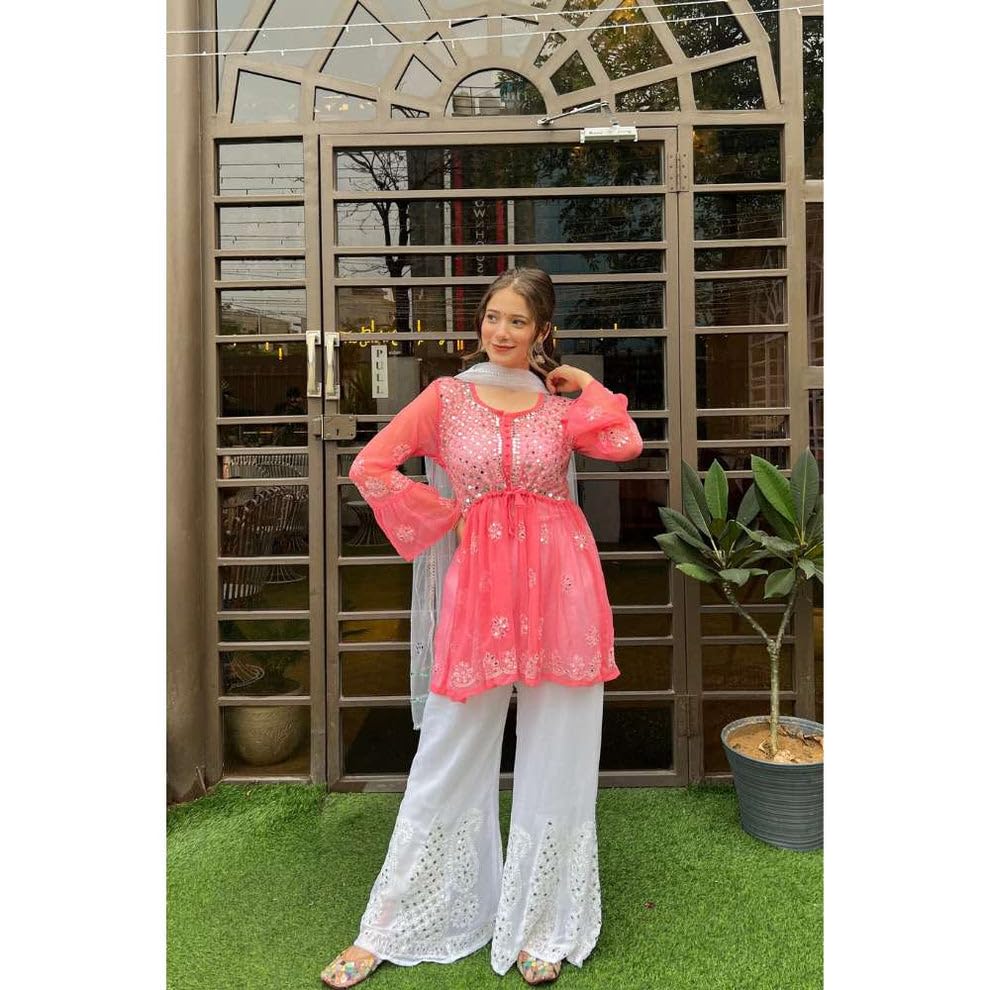 Samiya Chikankari Handmade Mirror Work Short Gown with Sharara and Mirror Work Dupatta - 3pc Set
