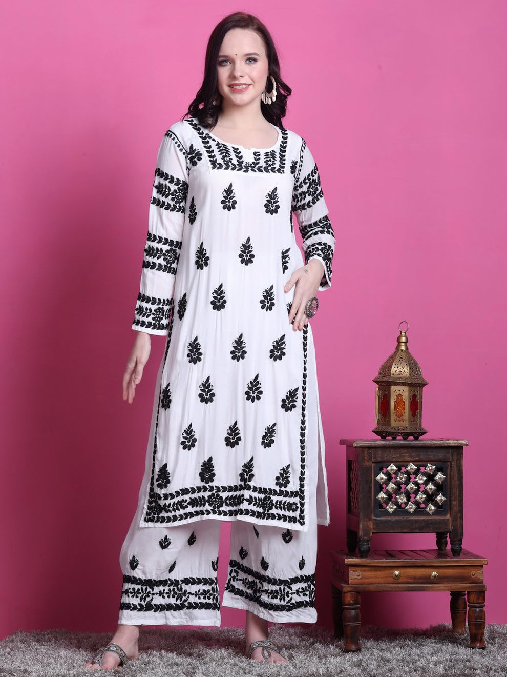 Samiya Chikankari Lucknowi Hand Embroided White Modal Kurti and Palazzo Set - Embroidery in Black Colour