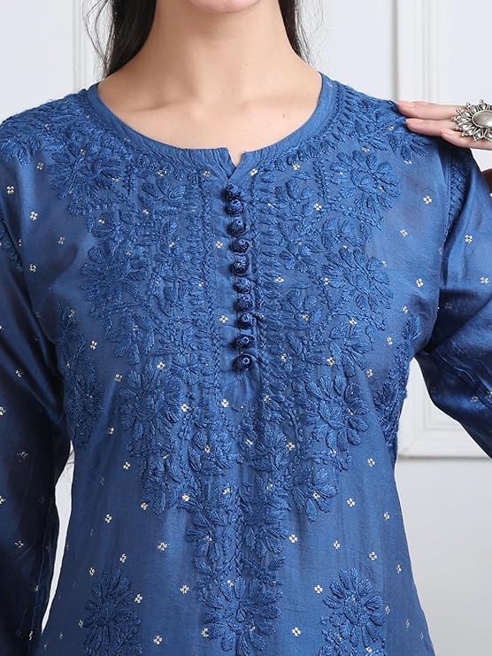 Samiya Chikankari Women's Premium Chanderi Chikankari Kurti and Palazzo Set with Intricate Handwork - Blue