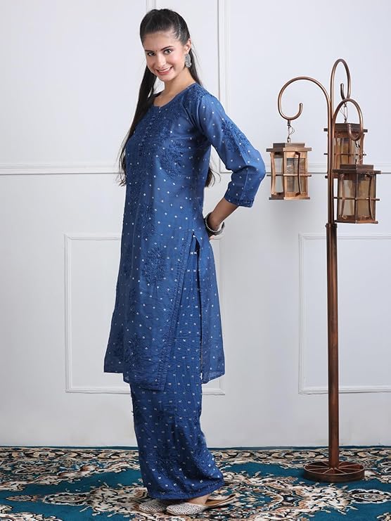 Samiya Chikankari Women's Premium Chanderi Chikankari Kurti and Palazzo Set with Intricate Handwork - Blue