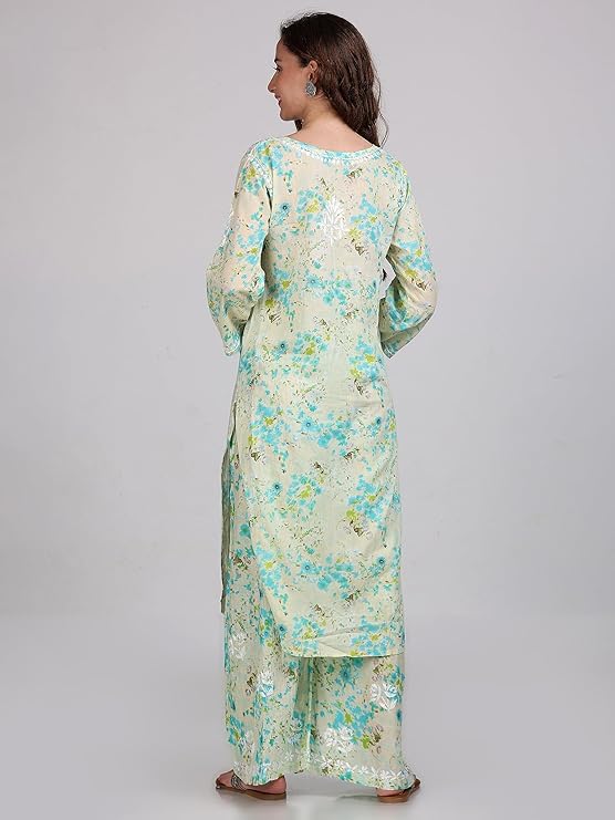 Samiya Chikankari Lucknowi Hand Embroidered Mulmul Kurti & Palazzo Set – Ghas Patti Chikan Work Handmade