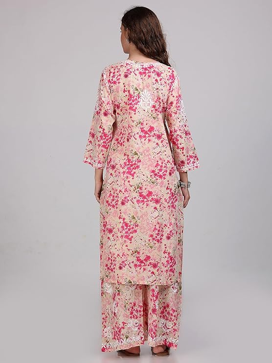 Samiya Chikankari Lucknowi Hand Embroidered Mulmul Kurti & Palazzo Set – Ghas Patti Chikan Work Handmade