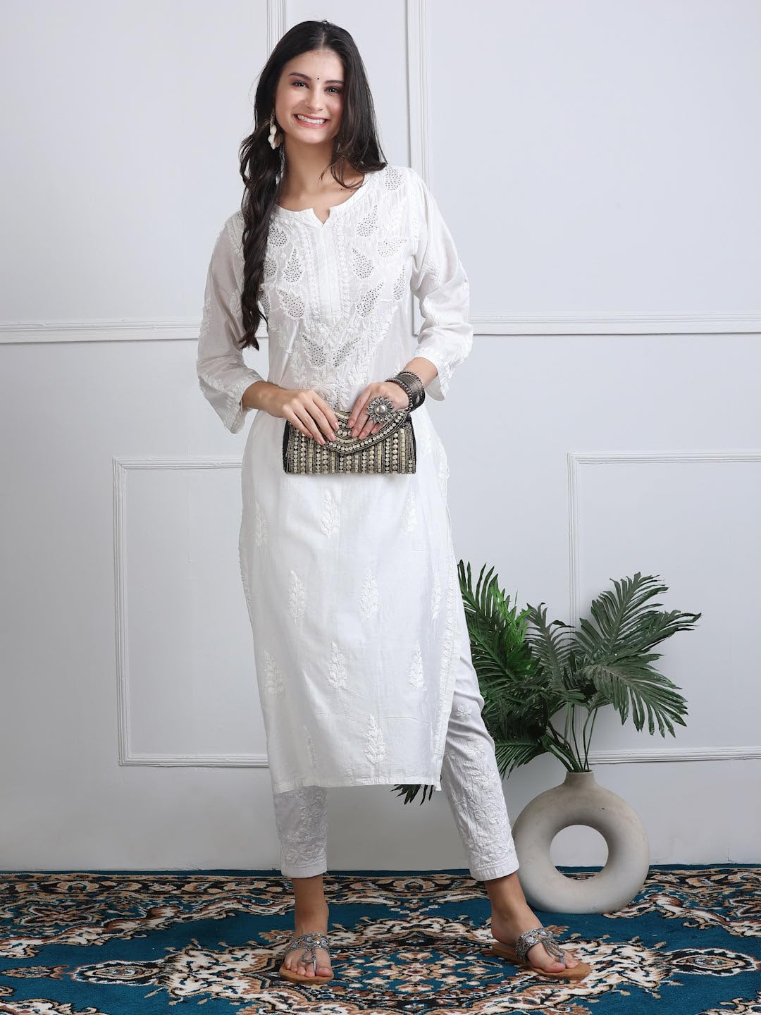 Samiya Chikankari Premium 3D Chikankari Kurti in Chanderi Silk with Mukaish Work - Hand Embroided