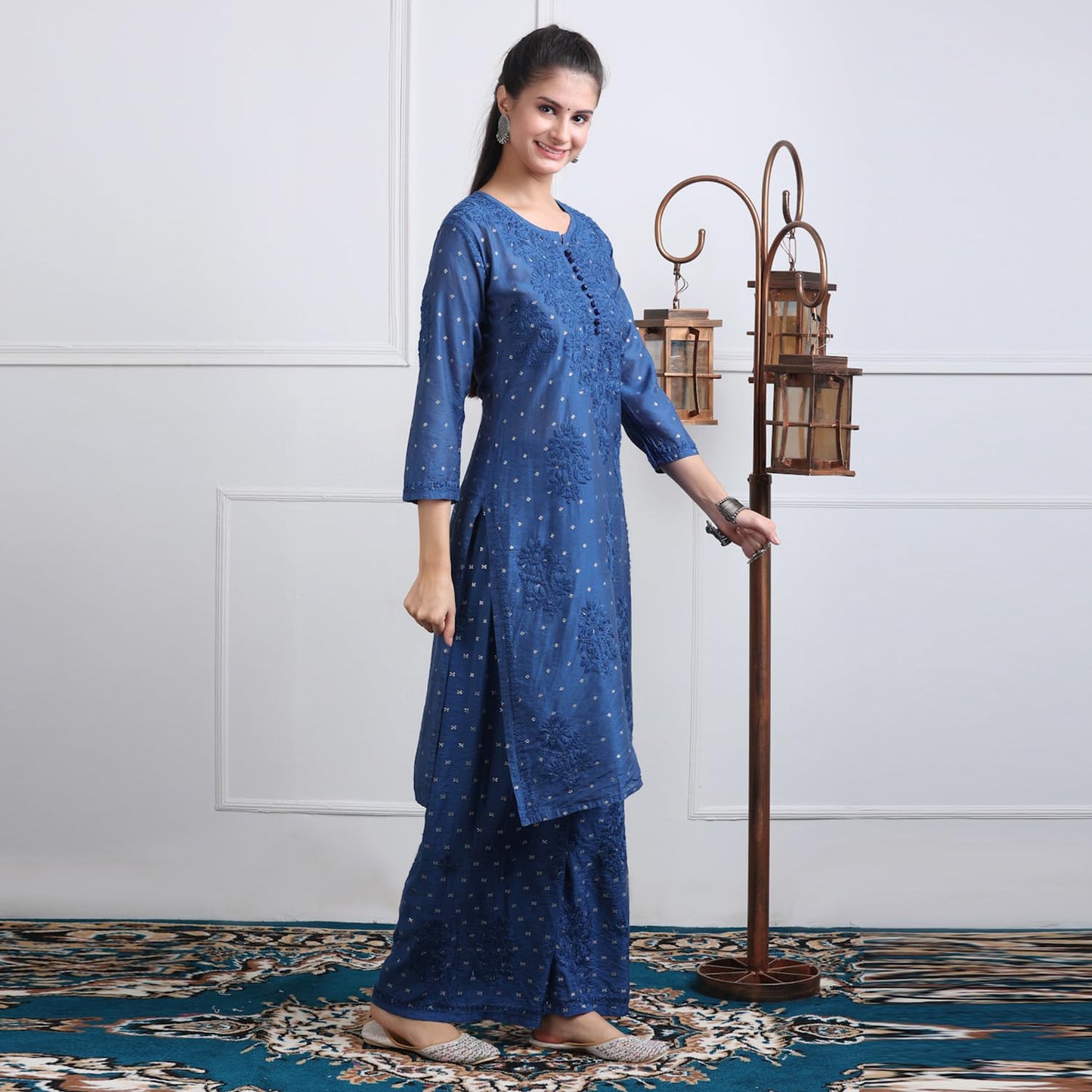 Samiya Chikankari Women's Premium Chanderi Chikankari Kurti and Palazzo Set with Intricate Handwork - Blue
