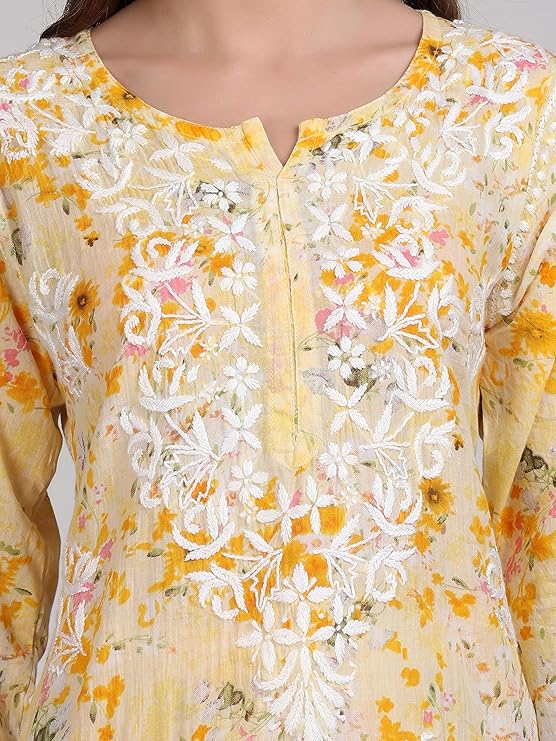 Samiya Chikankari Lucknowi Hand Embroidered Mulmul Kurti & Palazzo Set – Ghas Patti Chikan Work Handmade