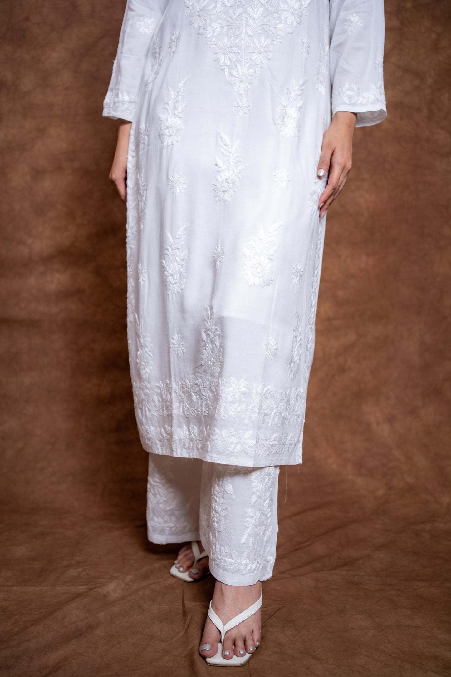 Samiya Chikankari White Modal Kurti and Palazzo Set: Soft Handwork Ensemble | 100 % Handmade Embroidery | Lucknowi Chikankari