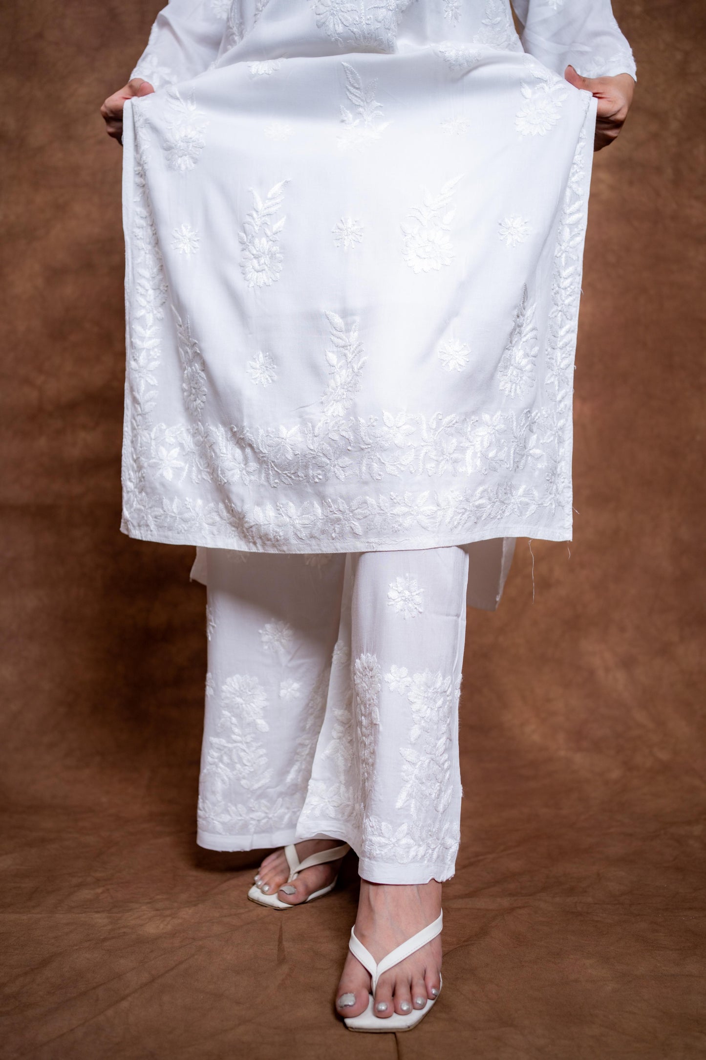 Samiya Chikankari White Modal Kurti and Palazzo Set: Soft Handwork Ensemble | 100 % Handmade Embroidery | Lucknowi Chikankari