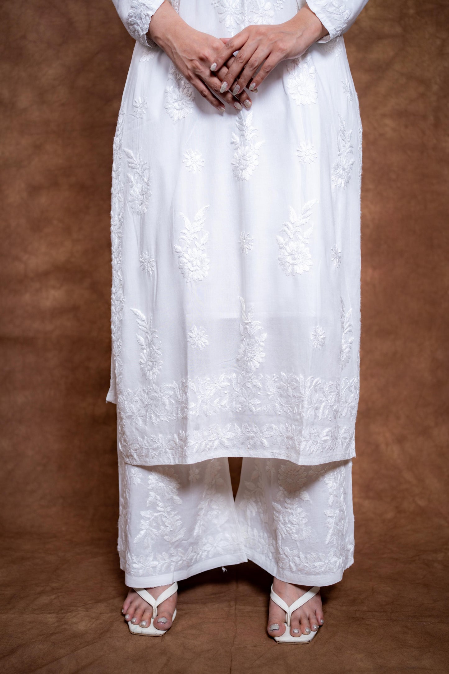 Samiya Chikankari White Modal Kurti and Palazzo Set: Soft Handwork Ensemble | 100 % Handmade Embroidery | Lucknowi Chikankari