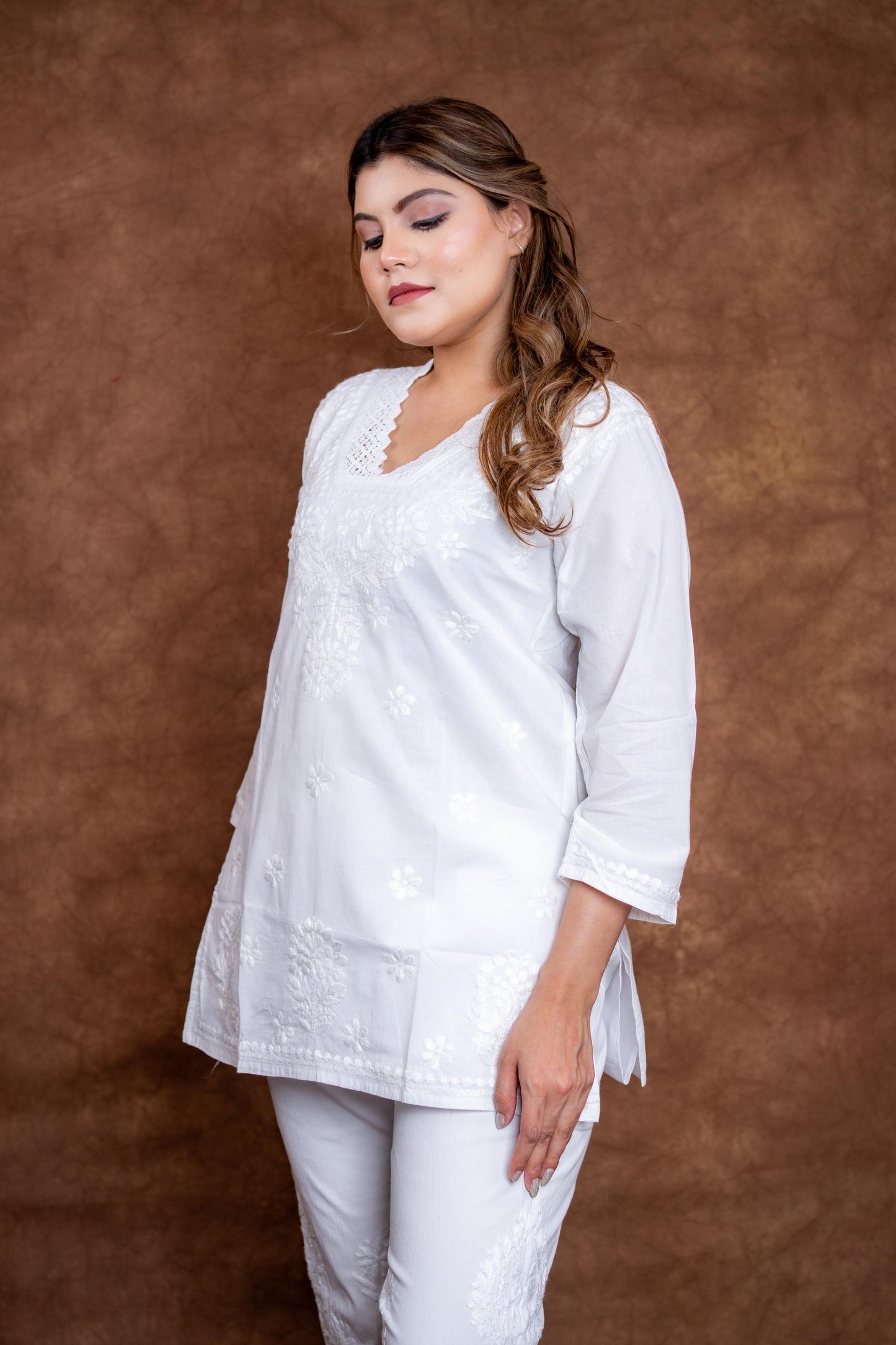 Hania Pure Cotton Handcrafted Chikan Short Kurti | Stylish White Lucknow Chikankari Top