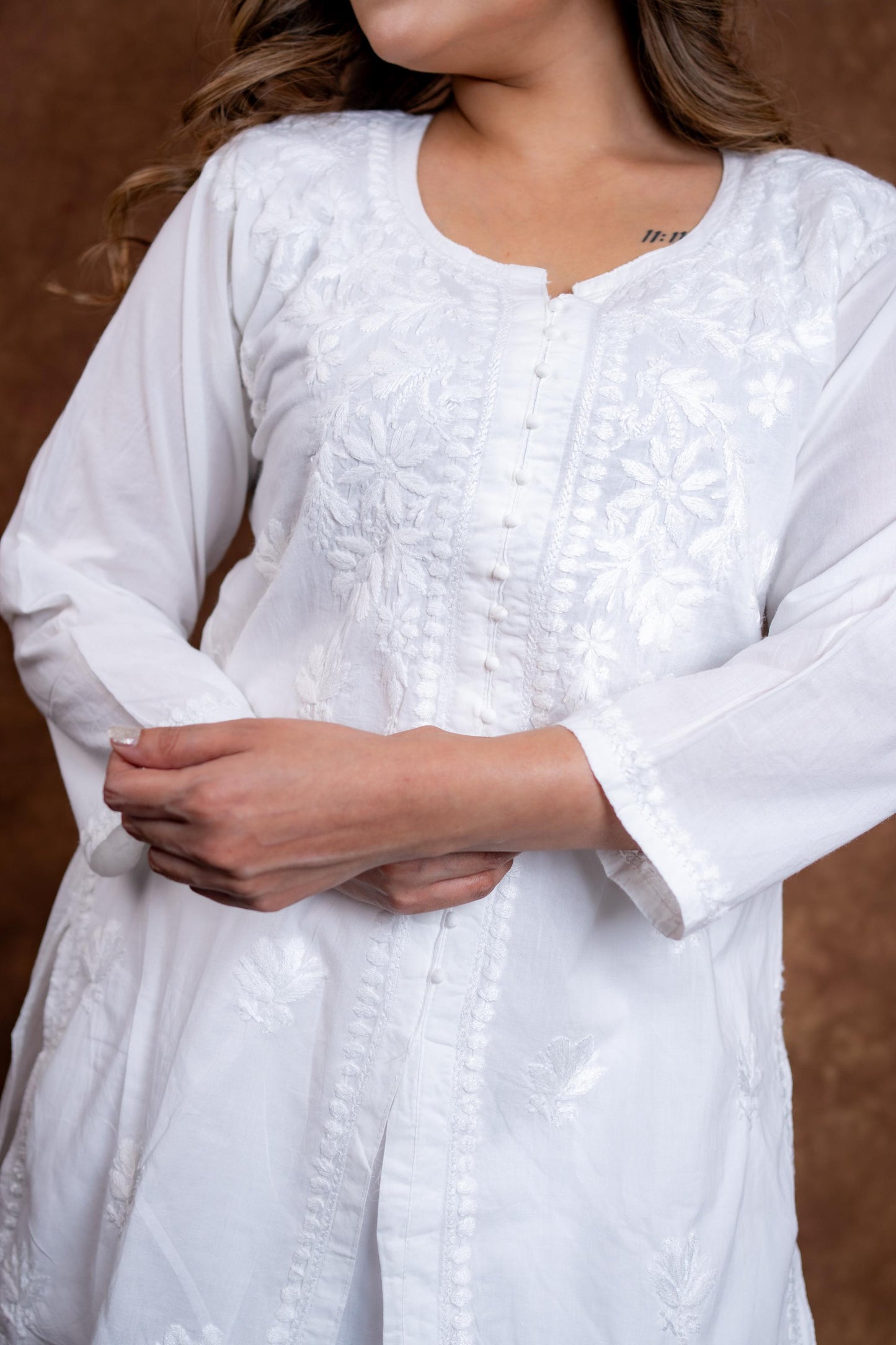 Mahira Khan Front Open Pure Cotton Handmade Chikankari Short Kurti