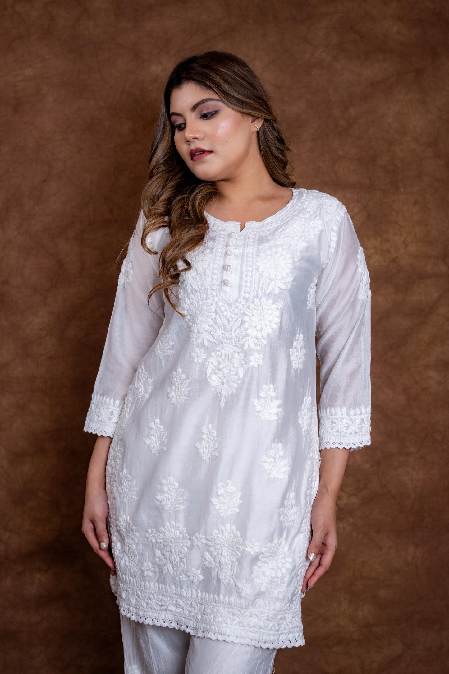 Jannat Chanderi Short Chikankari Handwork Kurti with Hand Embroided Afghani Pant Set