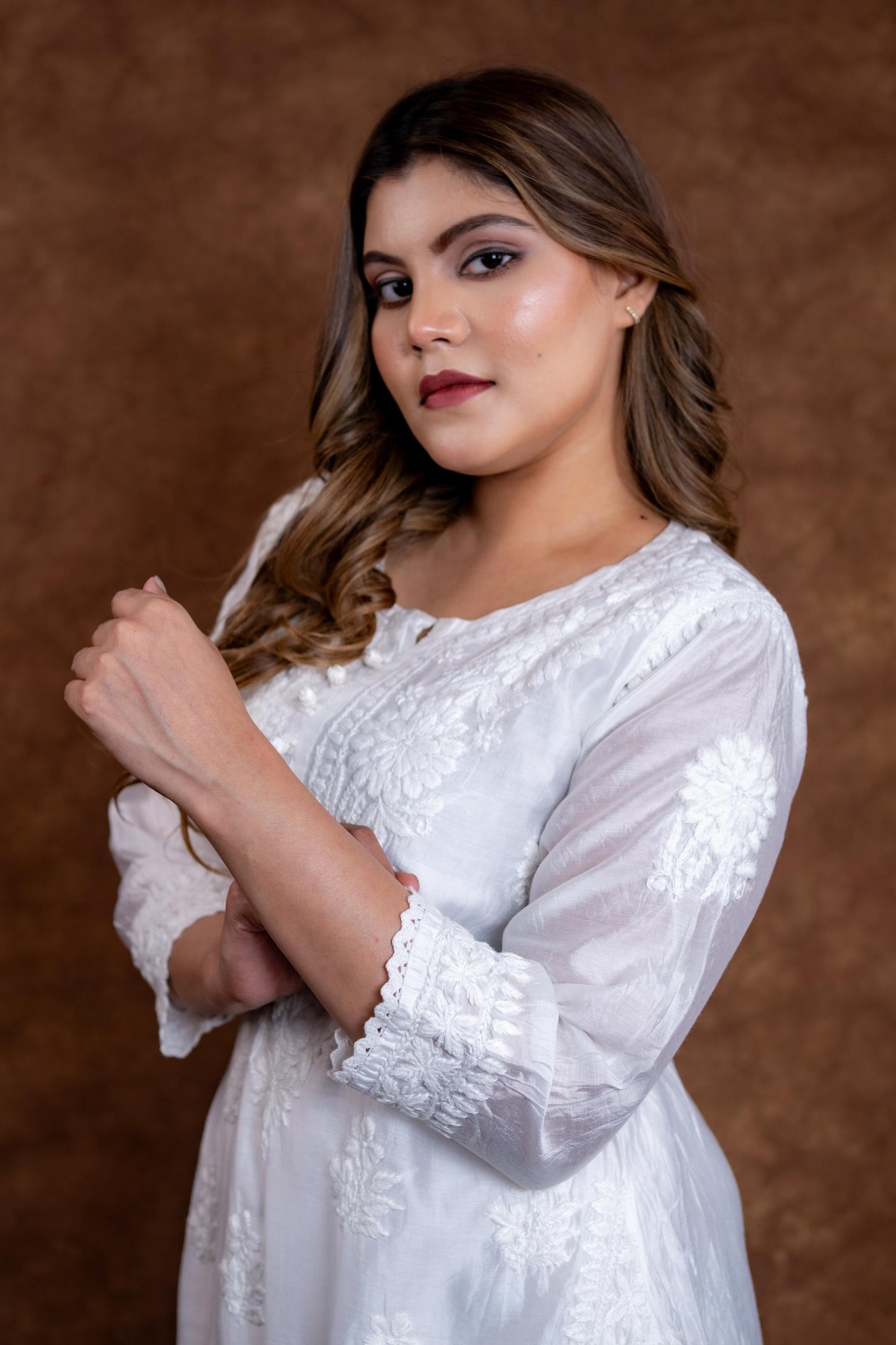 Jannat Chanderi Short Chikankari Handwork Kurti with Hand Embroided Afghani Pant Set