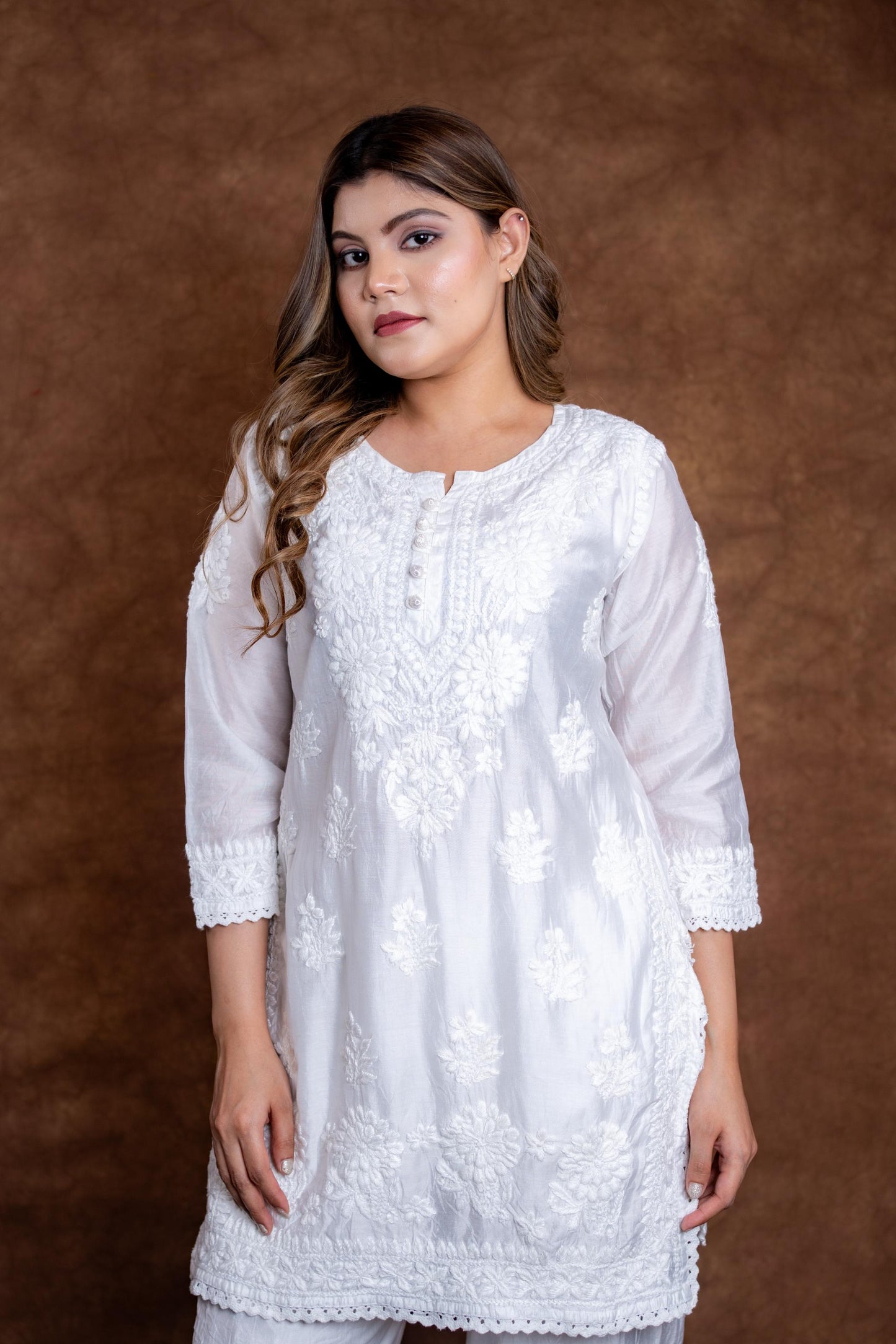 Jannat Chanderi Short Chikankari Handwork Kurti with Hand Embroided Afghani Pant Set