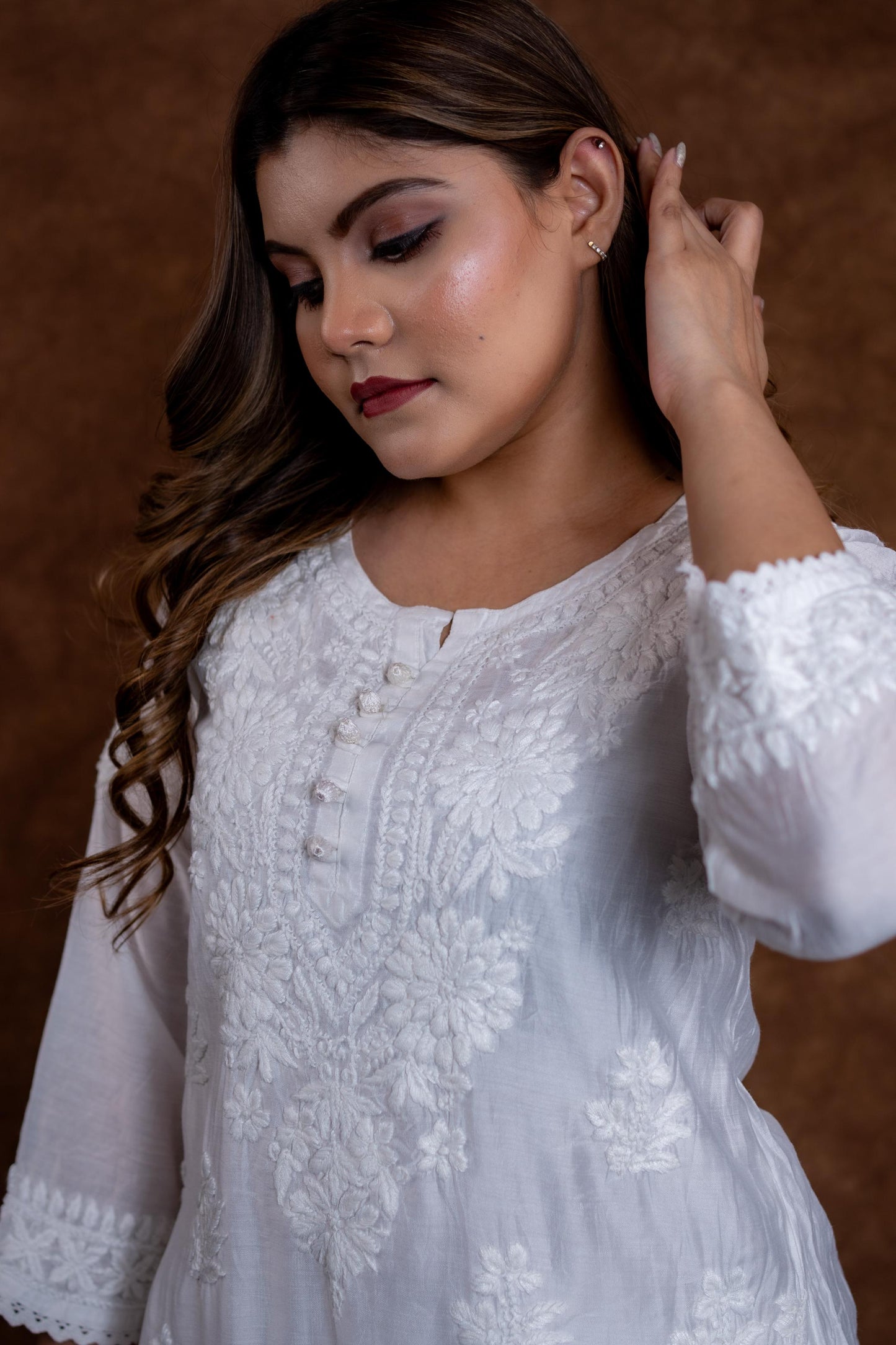 Jannat Chanderi Short Chikankari Handwork Kurti with Hand Embroided Afghani Pant Set