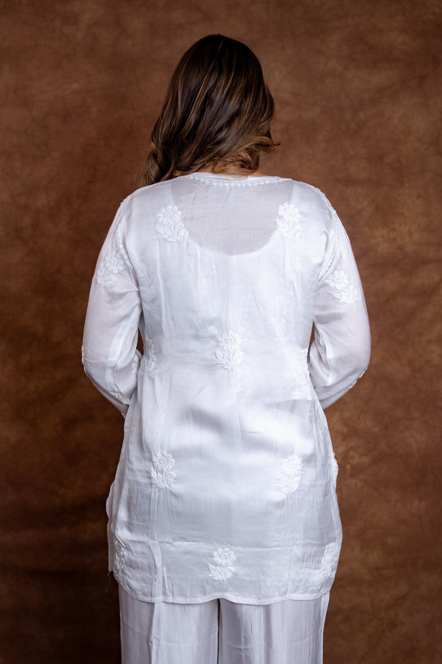 Samiya Chikankari Short Kurti and Palazzo Co-Ord Set on Pure White Premium Modal Satan Fabric