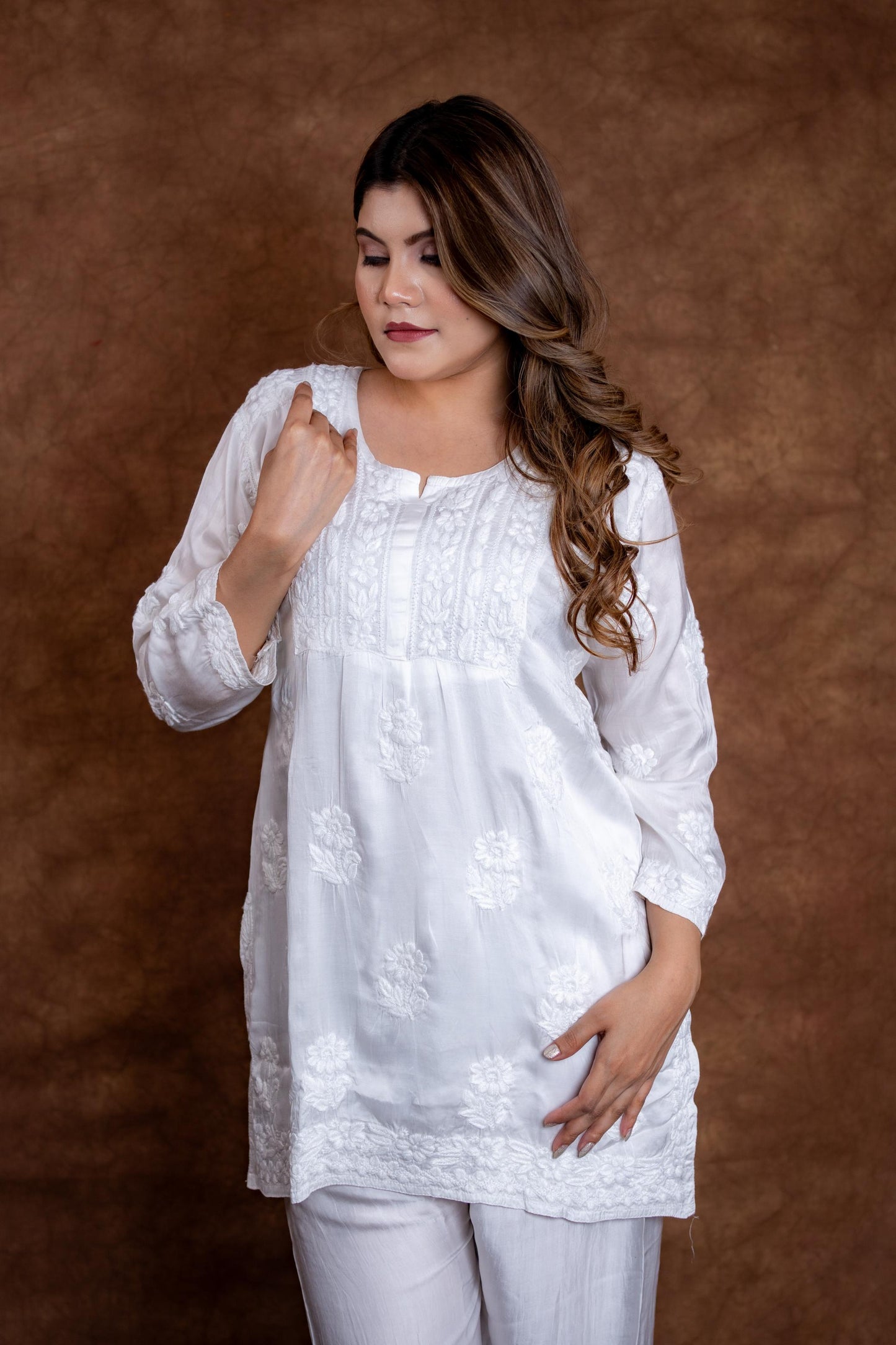 Samiya Chikankari Short Kurti and Palazzo Co-Ord Set on Pure White Premium Modal Satan Fabric