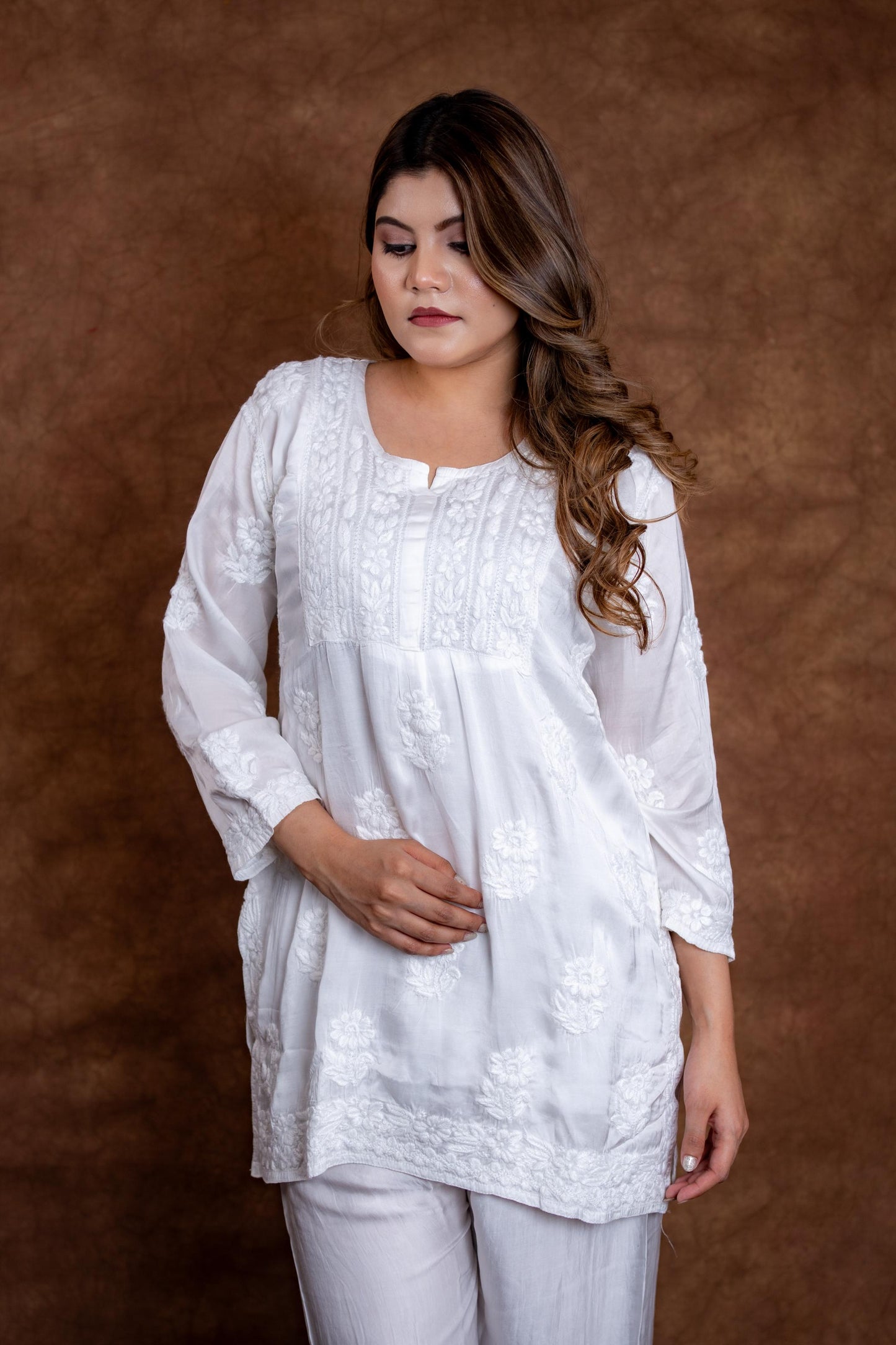 Samiya Chikankari Short Kurti and Palazzo Co-Ord Set on Pure White Premium Modal Satan Fabric