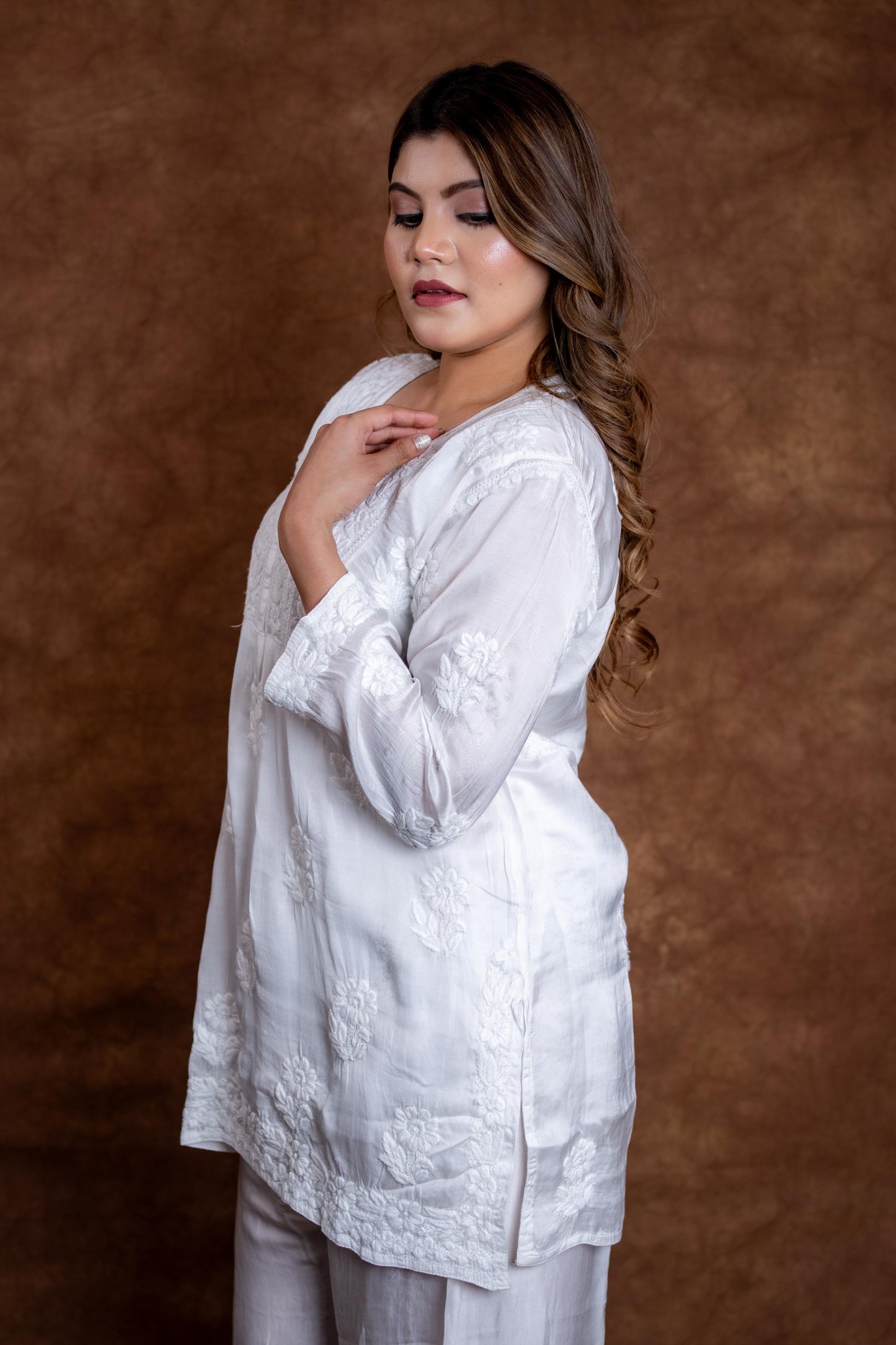 Samiya Chikankari Short Kurti and Palazzo Co-Ord Set on Pure White Premium Modal Satan Fabric