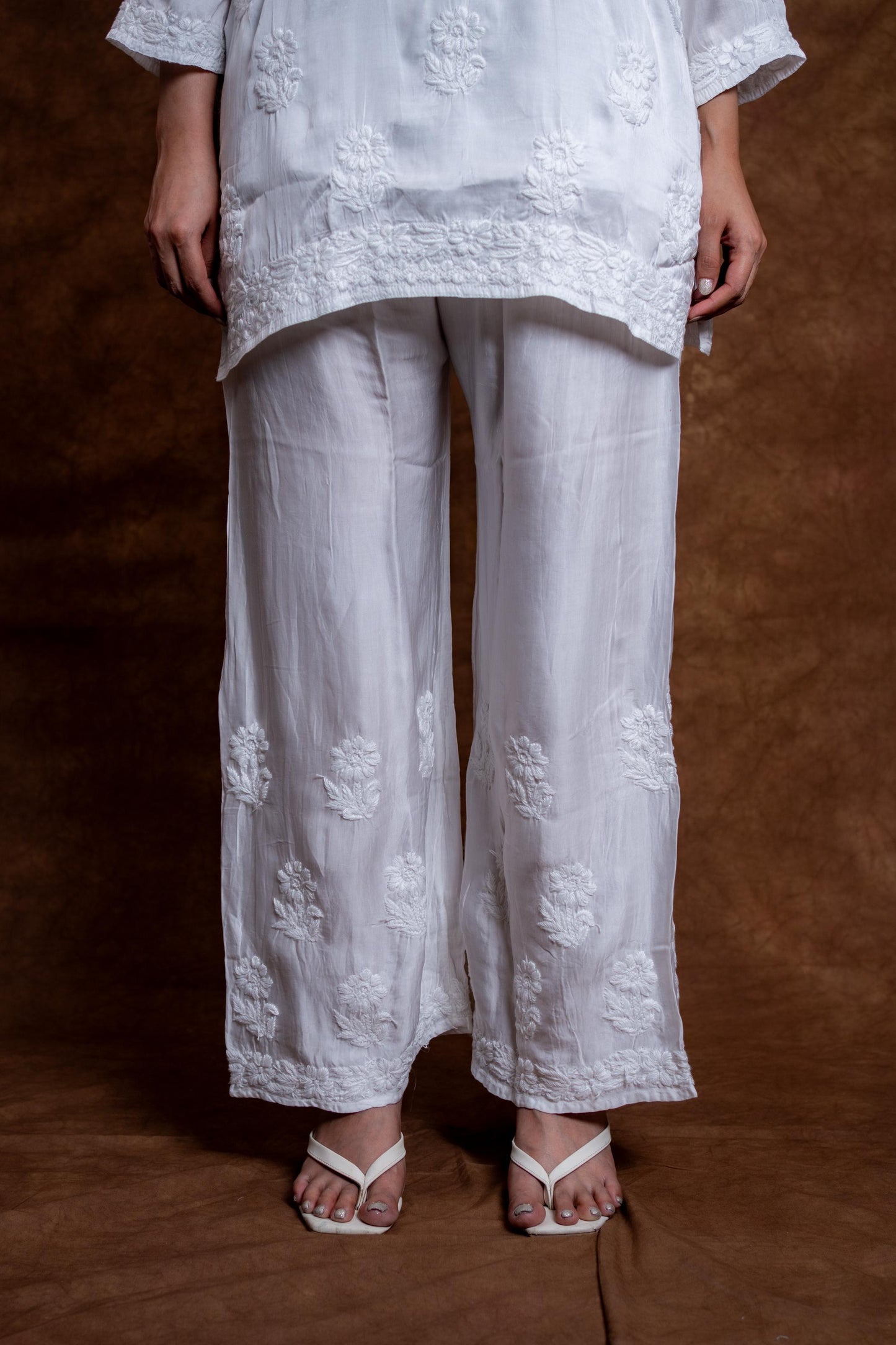 Samiya Chikankari Short Kurti and Palazzo Co-Ord Set on Pure White Premium Modal Satan Fabric