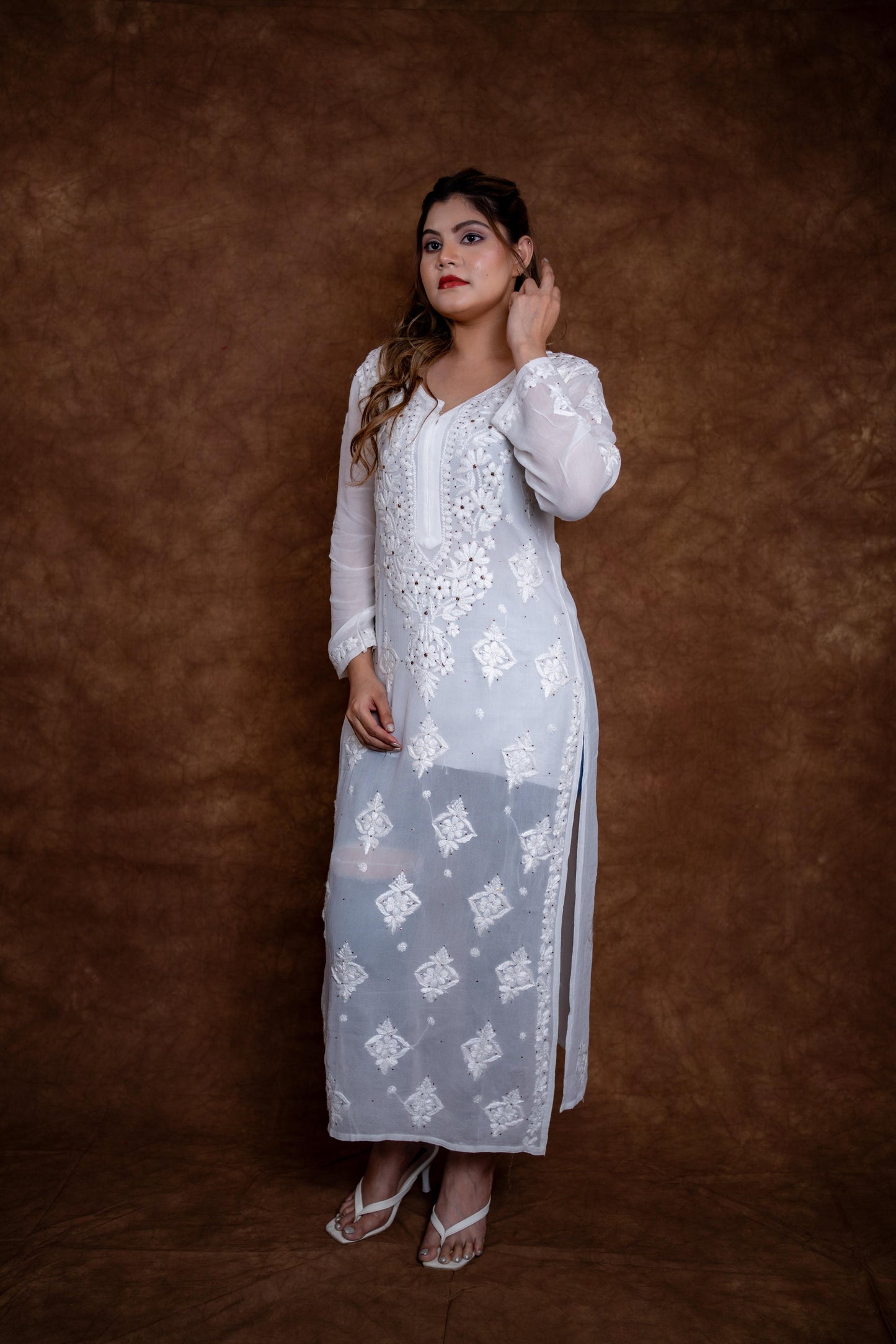Kohinoor Lucknow Hand-Embroidered Premium Viscose Long Designer Kurti With Lucknow Chikan and Mukash Work