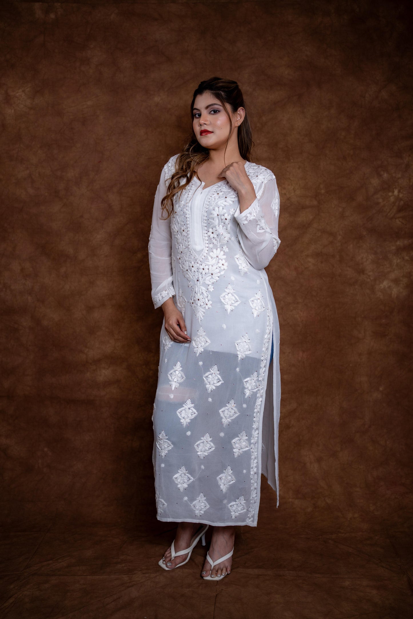 Kohinoor Lucknow Hand-Embroidered Premium Viscose Long Designer Kurti With Lucknow Chikan and Mukash Work