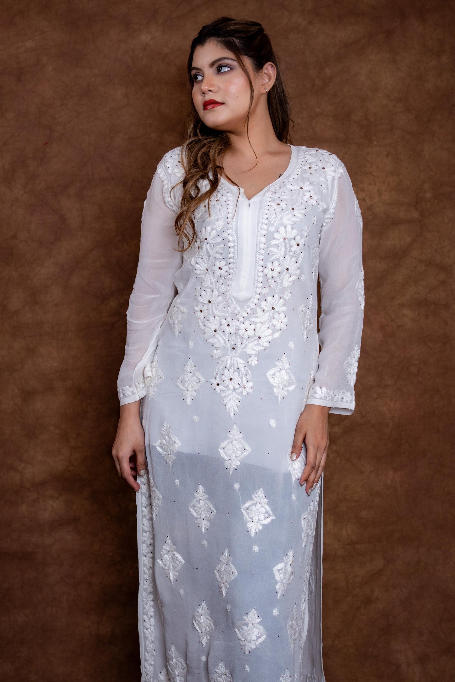 Kohinoor Lucknow Hand-Embroidered Premium Viscose Long Designer Kurti With Lucknow Chikan and Mukash Work