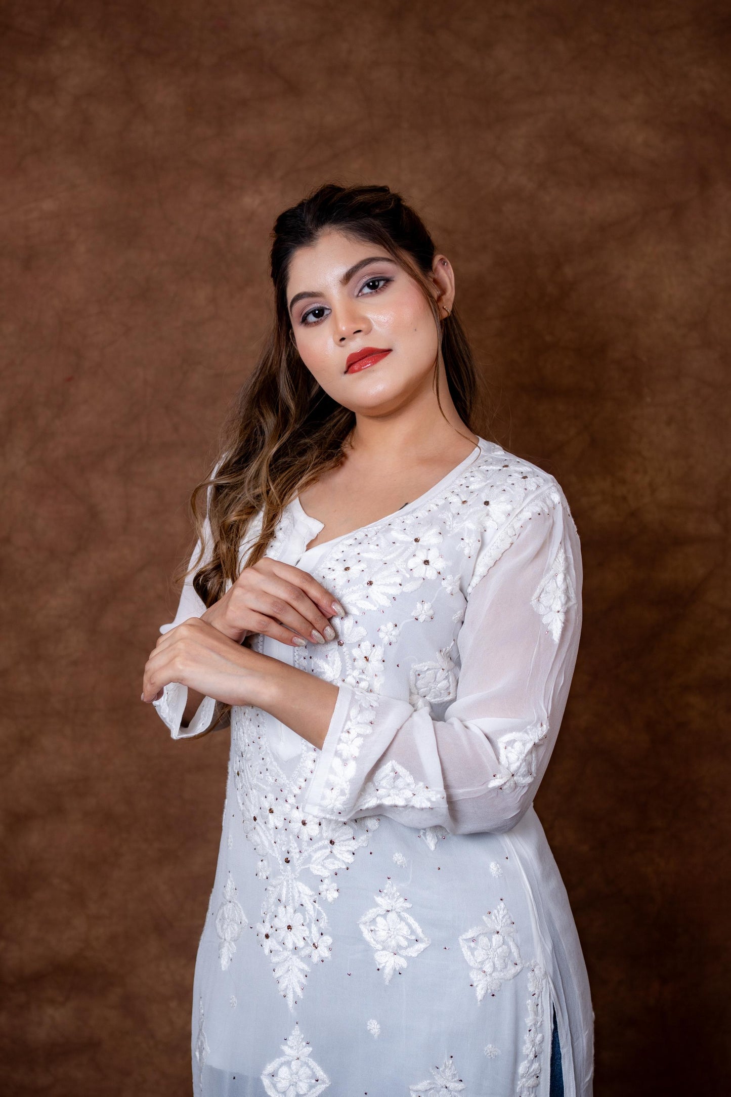 Kohinoor Lucknow Hand-Embroidered Premium Viscose Long Designer Kurti With Lucknow Chikan and Mukash Work