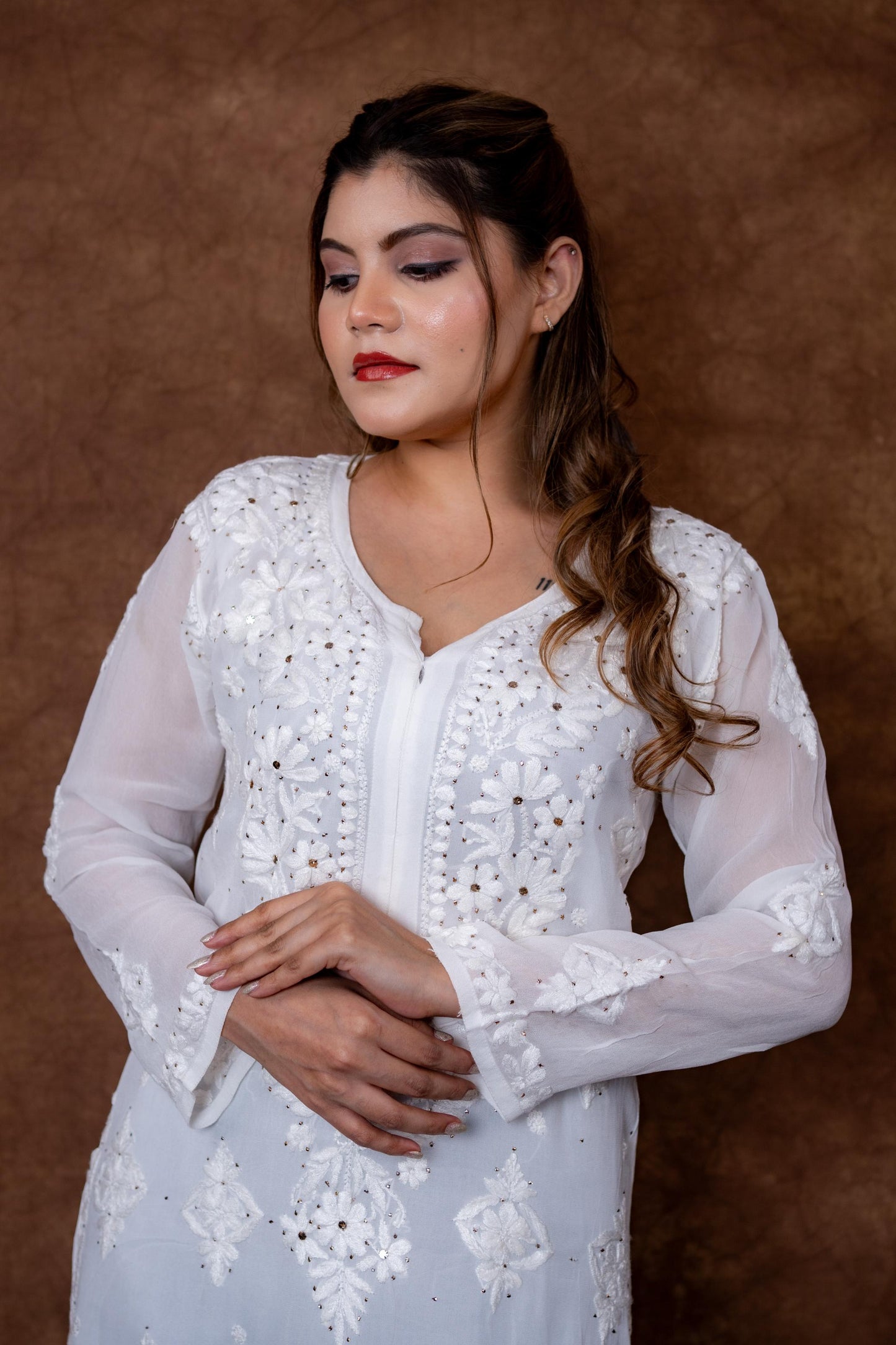 Kohinoor Lucknow Hand-Embroidered Premium Viscose Long Designer Kurti With Lucknow Chikan and Mukash Work