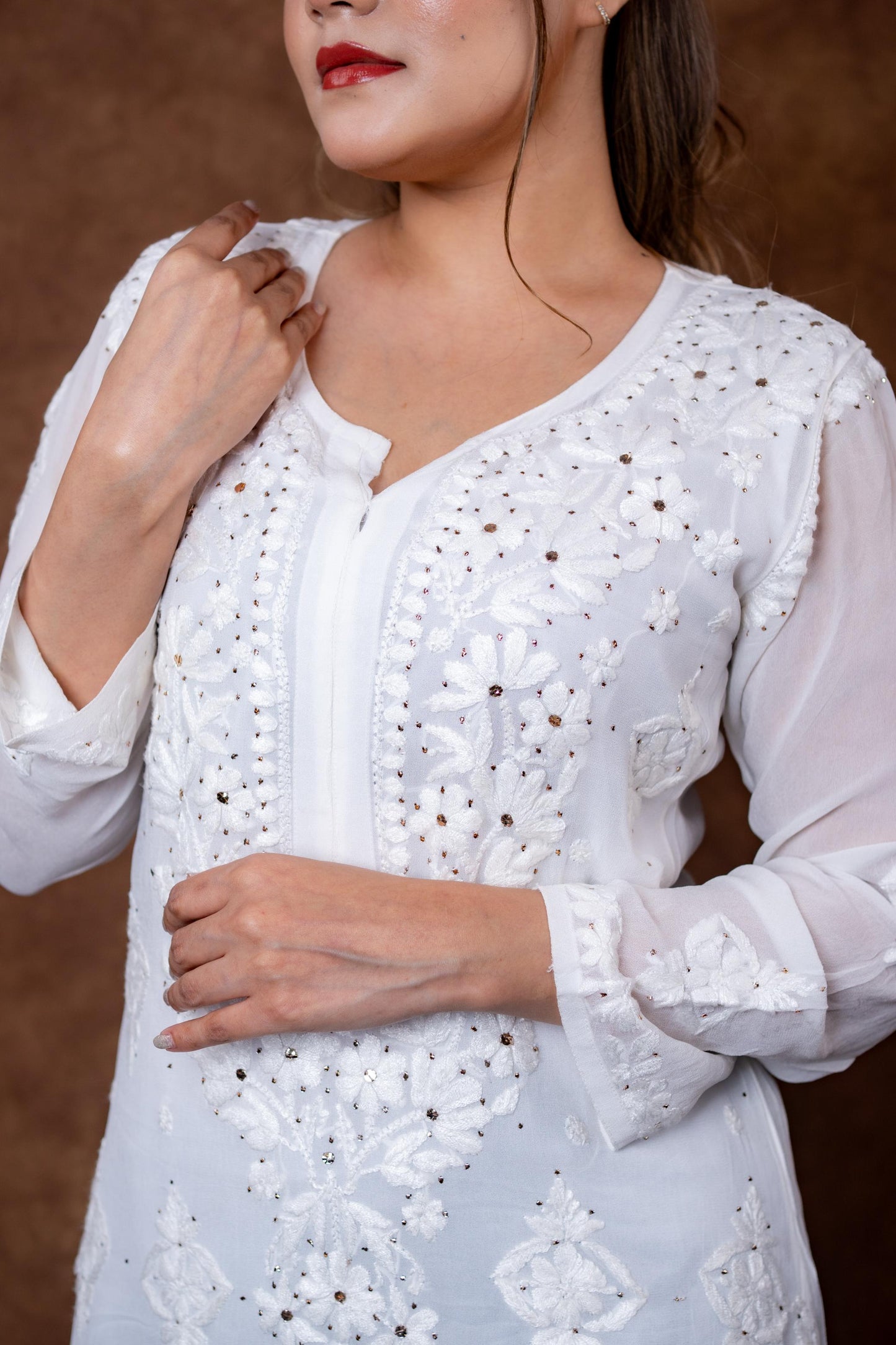 Kohinoor Lucknow Hand-Embroidered Premium Viscose Long Designer Kurti With Lucknow Chikan and Mukash Work