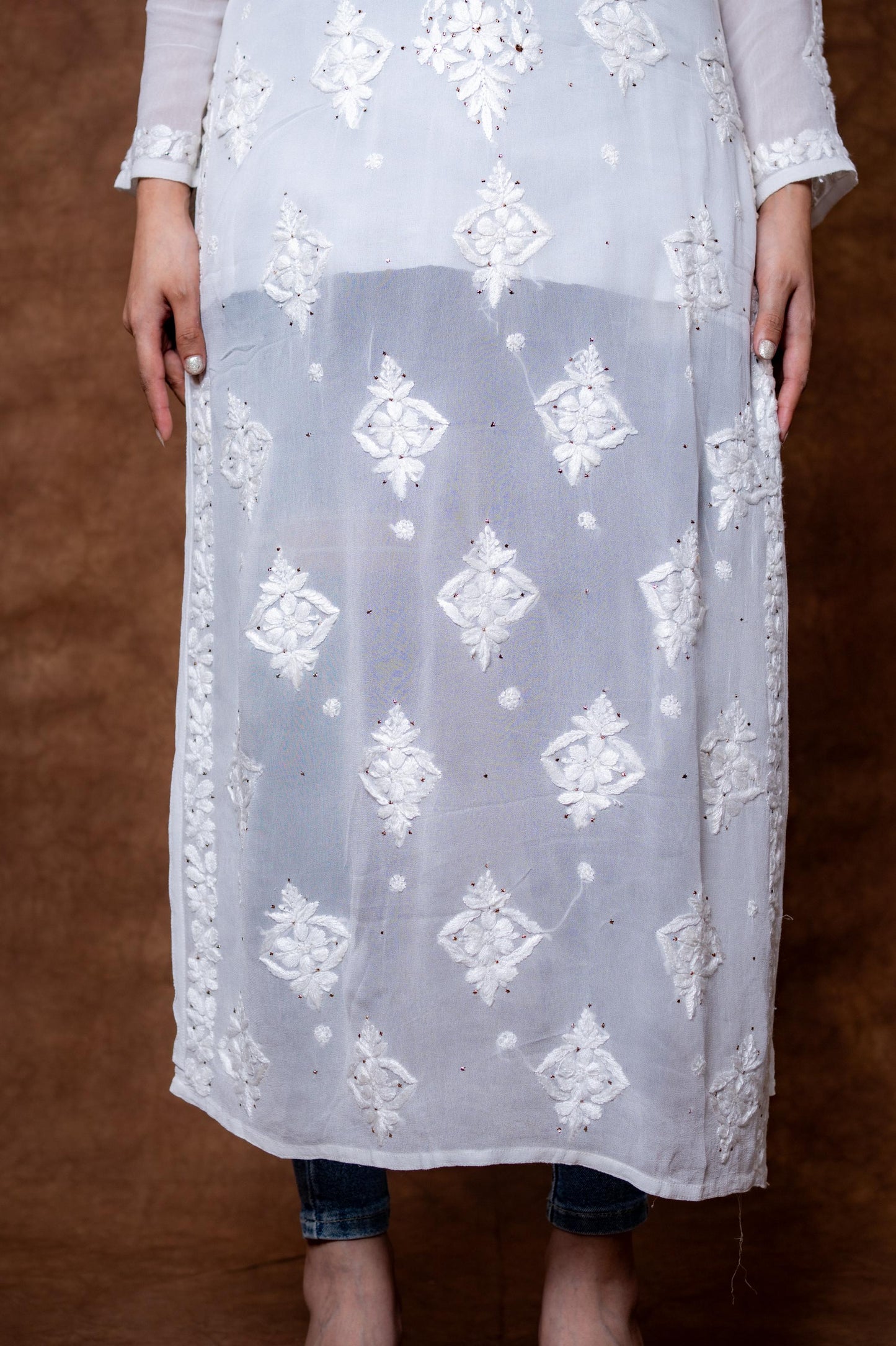 Kohinoor Lucknow Hand-Embroidered Premium Viscose Long Designer Kurti With Lucknow Chikan and Mukash Work