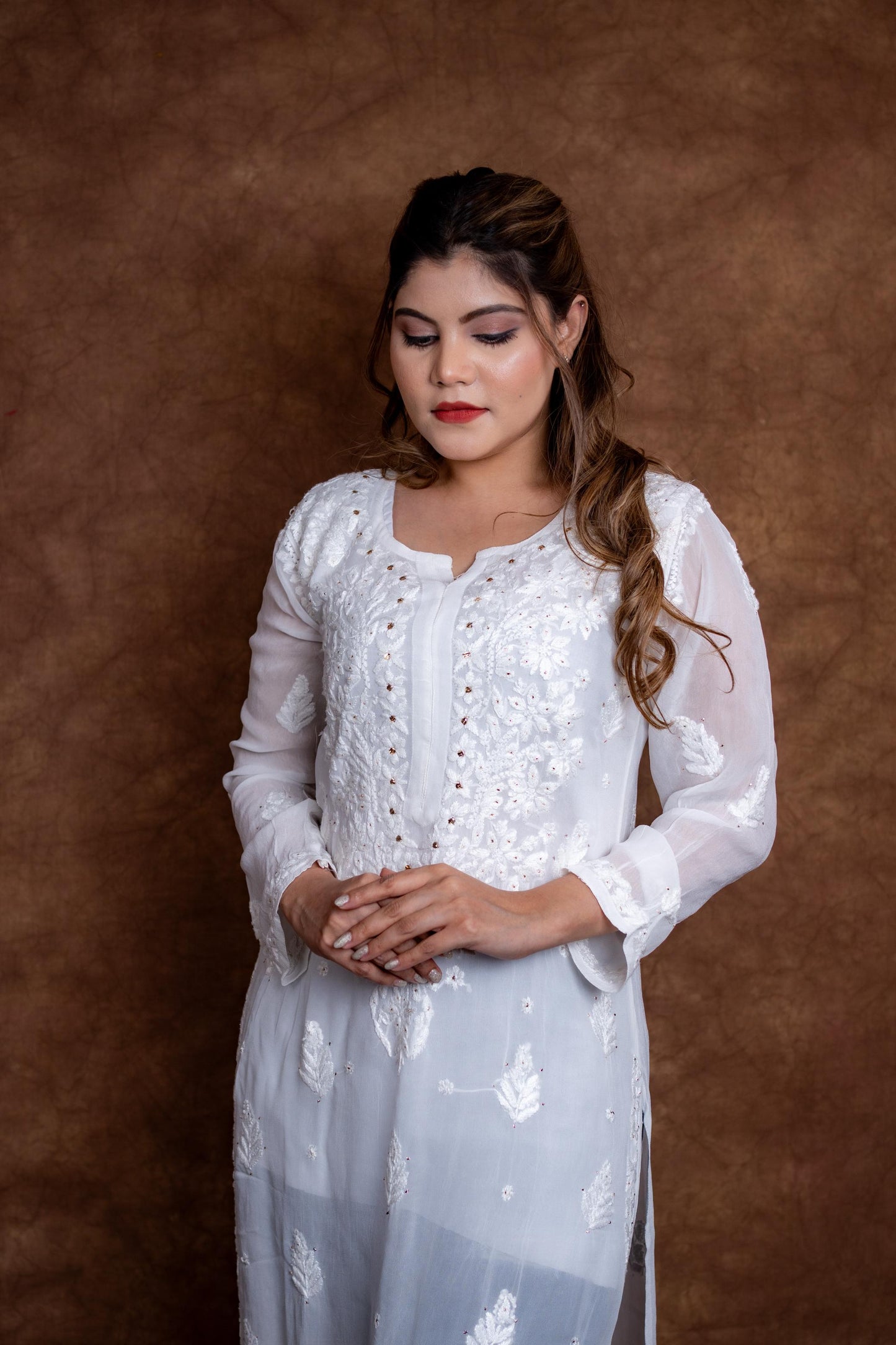 Gulmina Lucknow Hand-Embroidered Premium Viscose Long Designer Kurti With Lucknow Chikan and Mukash Work