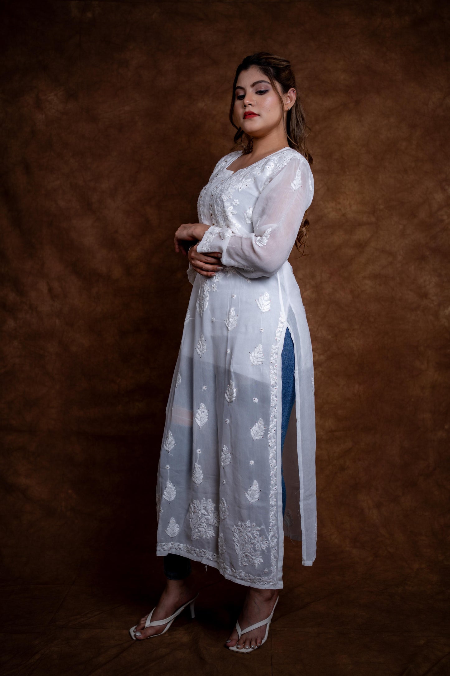 Gulmina Lucknow Hand-Embroidered Premium Viscose Long Designer Kurti With Lucknow Chikan and Mukash Work