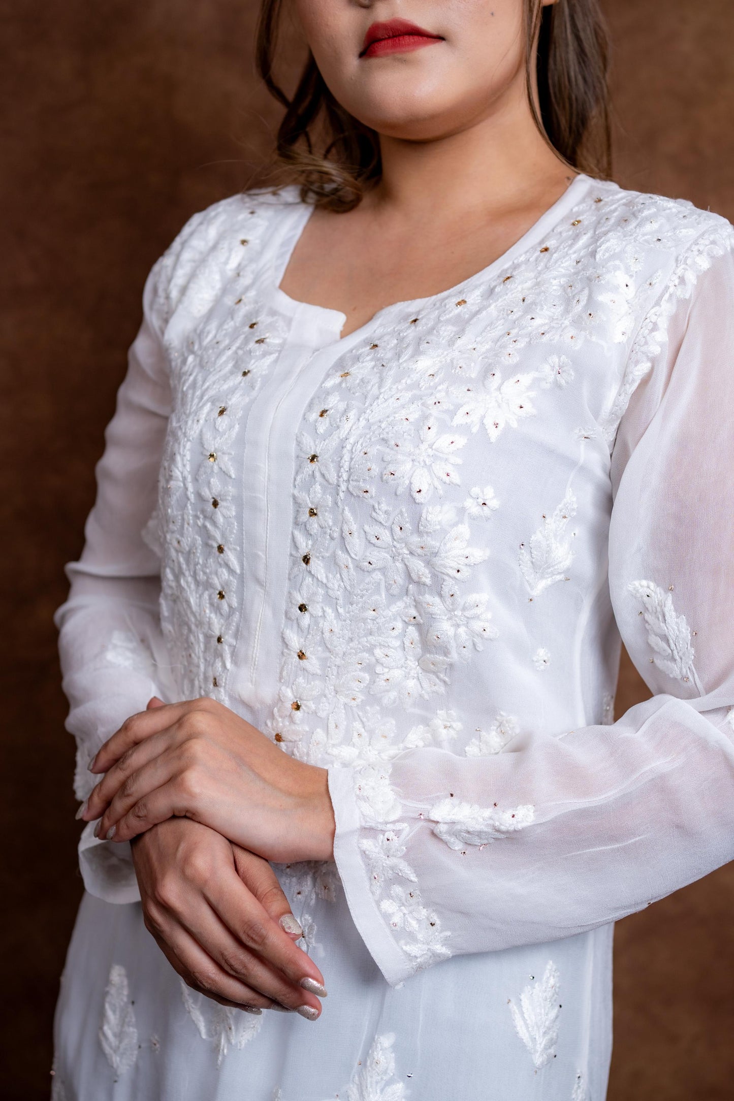Gulmina Lucknow Hand-Embroidered Premium Viscose Long Designer Kurti With Lucknow Chikan and Mukash Work