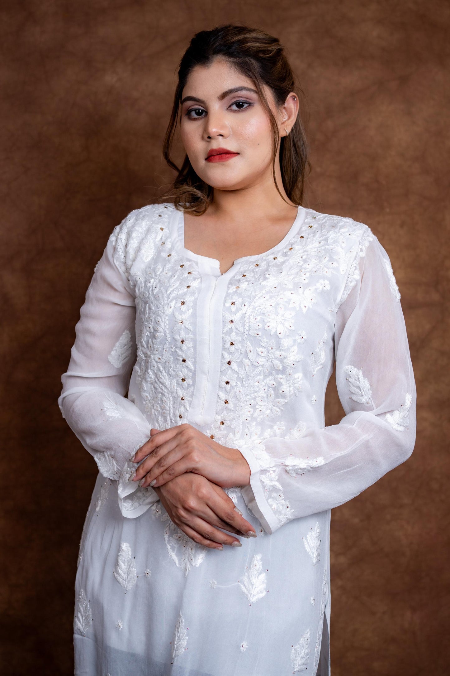 Gulmina Lucknow Hand-Embroidered Premium Viscose Long Designer Kurti With Lucknow Chikan and Mukash Work