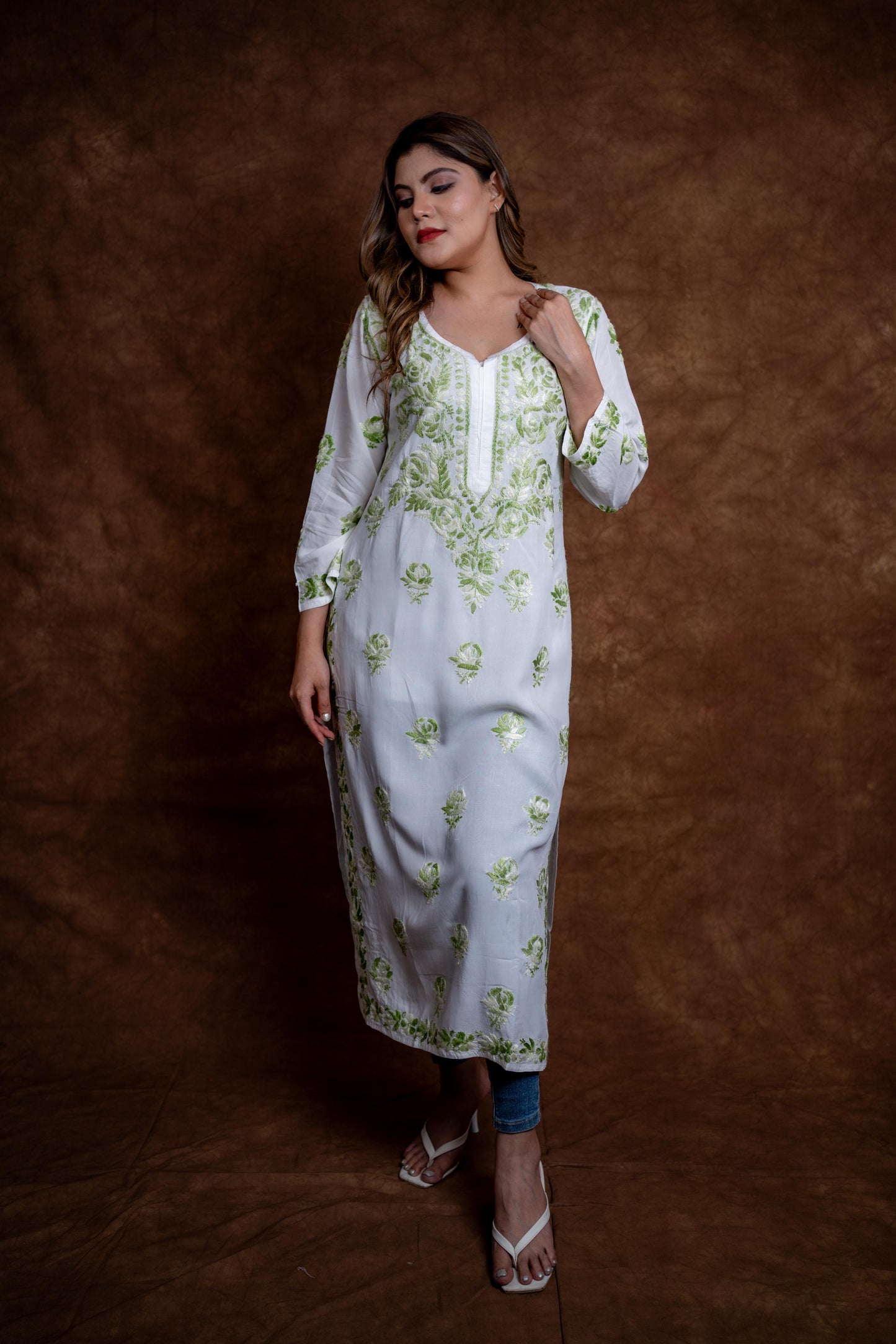 Alia Modal Long Kurti | Handcrafted Chikankari Dual-Shade | Daman Work | Hand Embroided Sleeves Designed By Samiya Chikankari